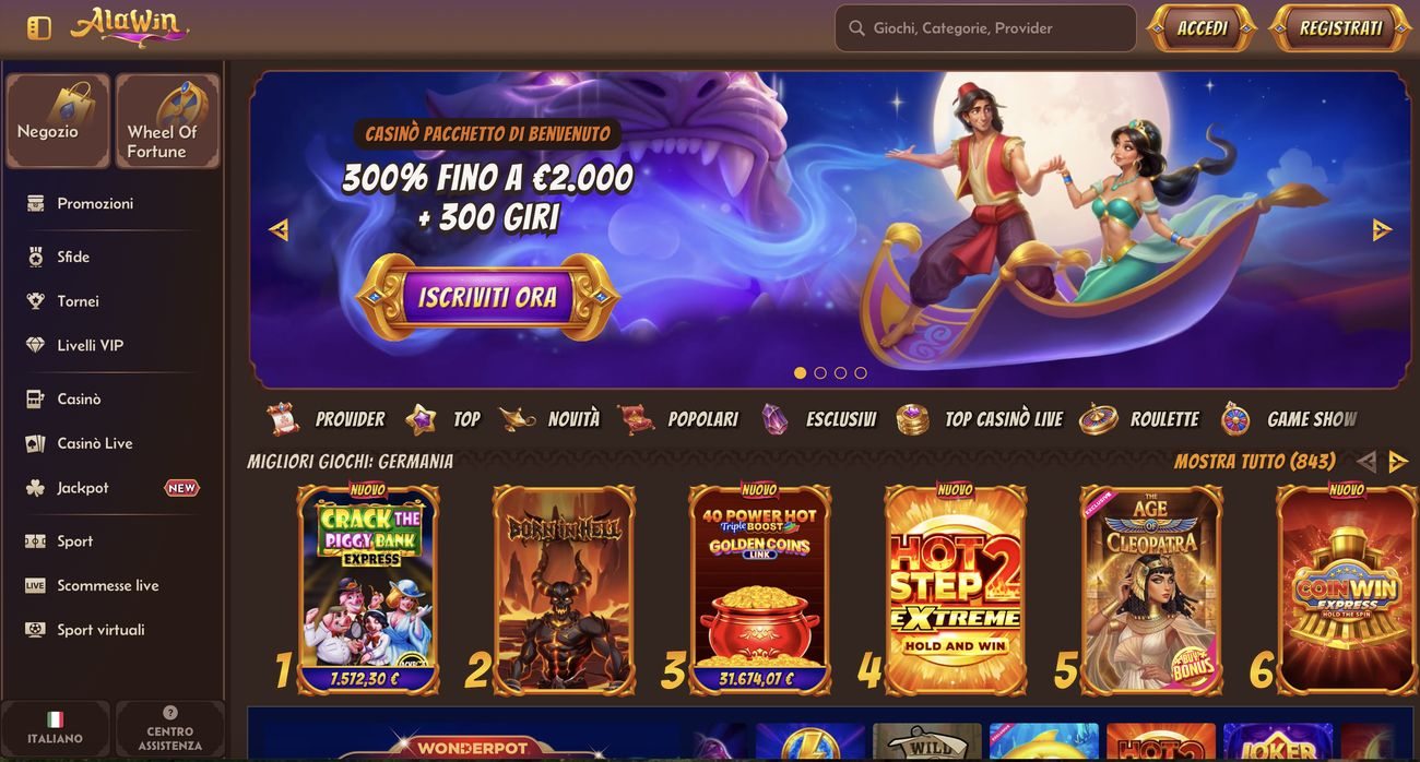 Schermata della home page di Alawin casino con il pacchetto di benvenuto