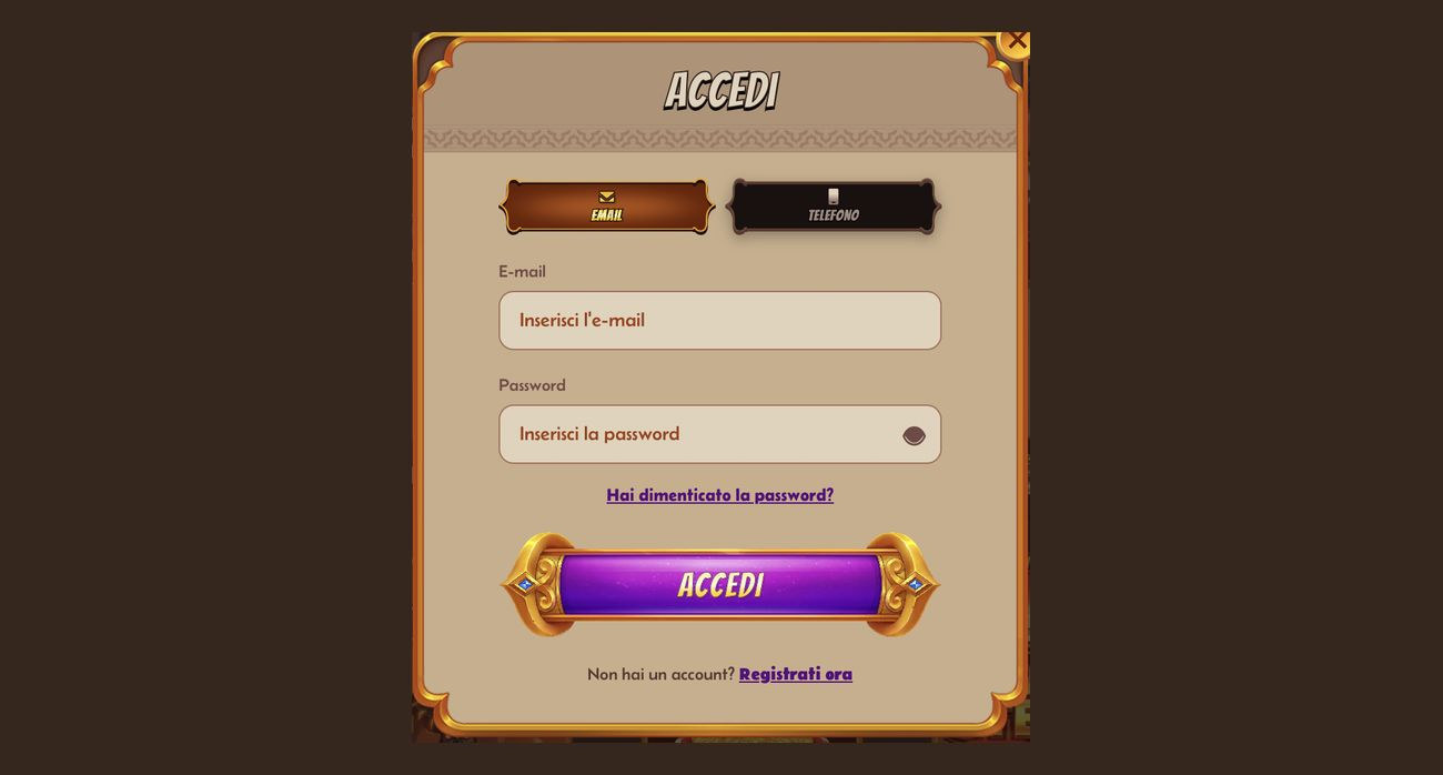 Finestra di accesso di Alawin casino con le schede email e telefono