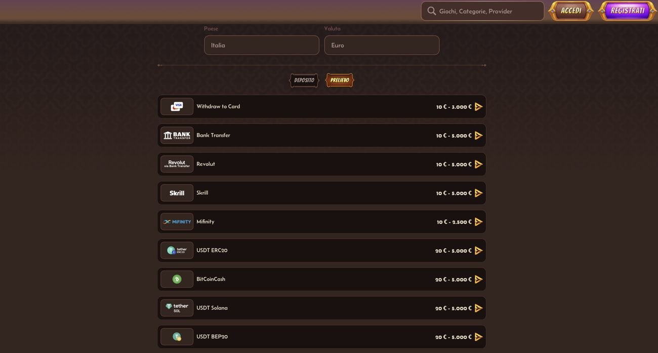 Cassa di Alawin casino con la scheda dei prelievi per il mercato italiano