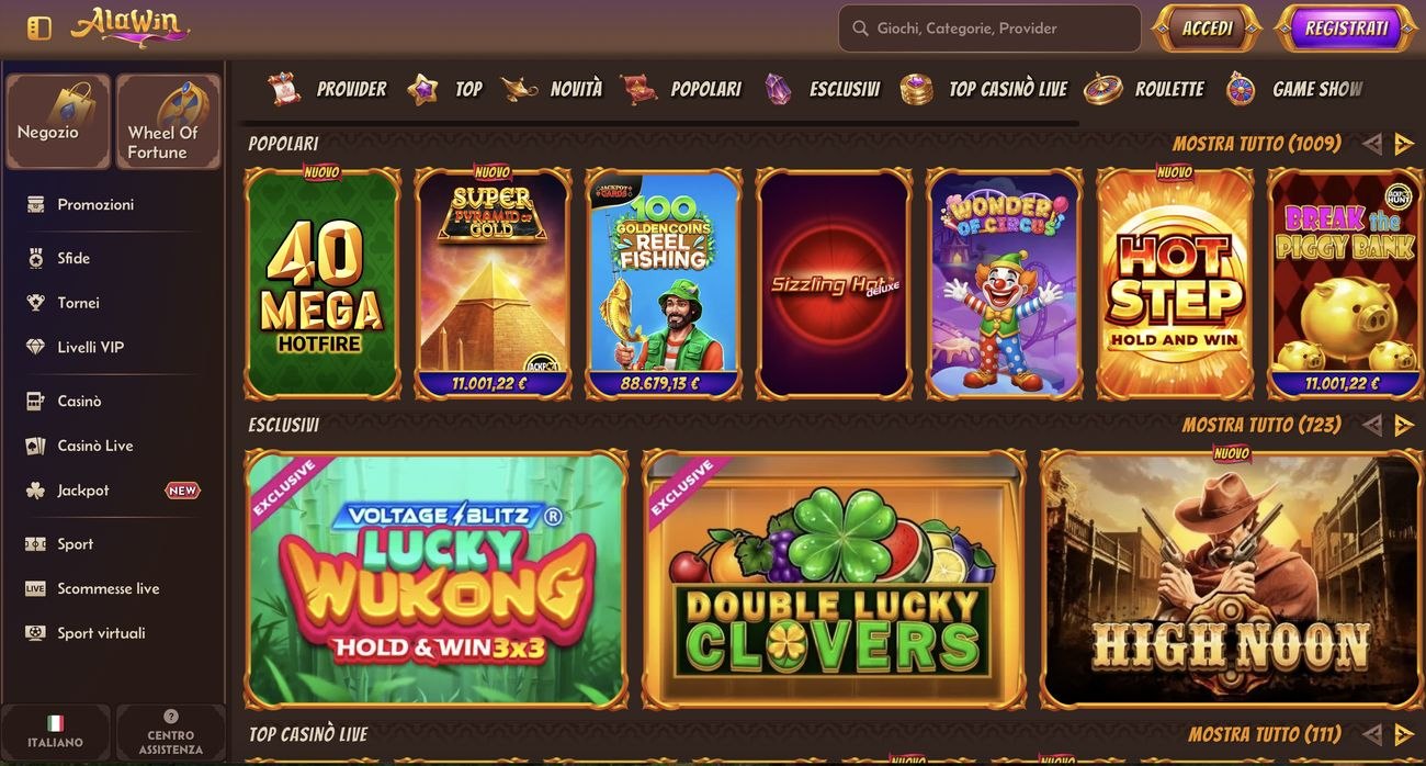 Catalogo slot di Alawin casino Catalogo delle slot di Alawin casino con le vetrine per categoria