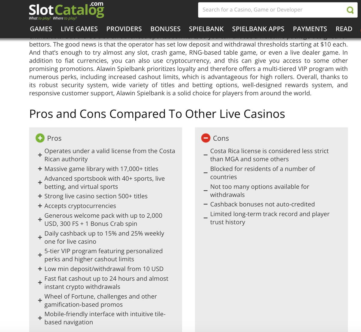 Scheda di SlotCatalog su Alawin casino con l'elenco dei pro e dei contro