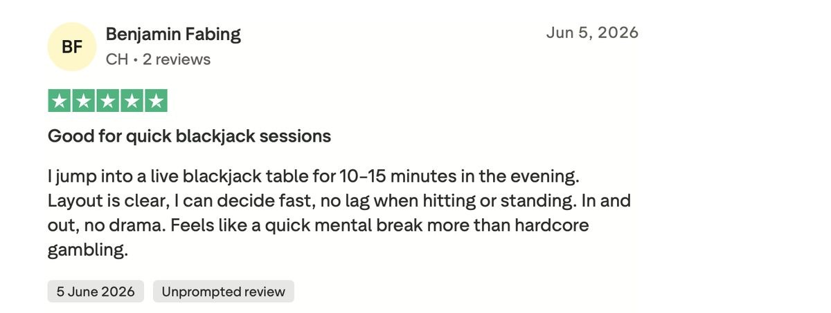 Recensione Trustpilot a cinque stelle sui tavoli di blackjack live di Alawin casino