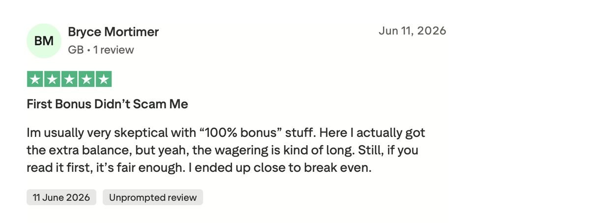 Recensione Trustpilot a cinque stelle sul bonus di benvenuto di Alawin casino