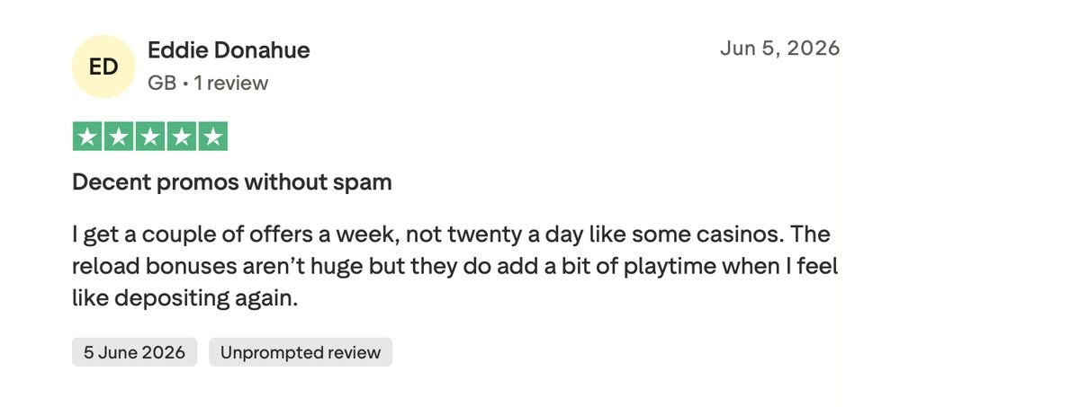 Recensione Trustpilot a cinque stelle sulle promozioni senza spam di Alawin casino