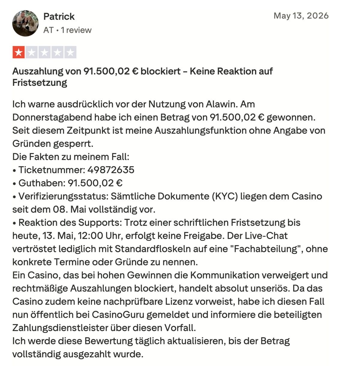 Recensione Trustpilot a una stella su un prelievo bloccato da 91.500 euro su Alawin casino